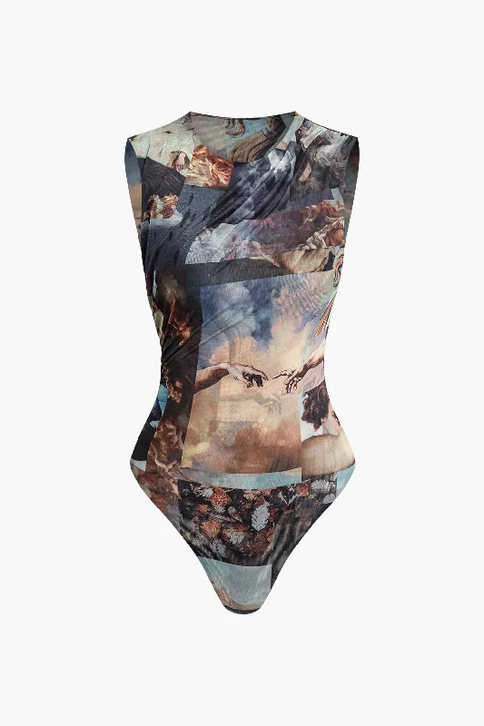 Renaissance Print Sleeveless Mesh Bodysuit