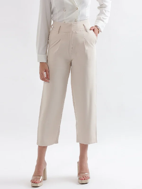 Centre Stage Women Cream Solid Straight Fit Trouser