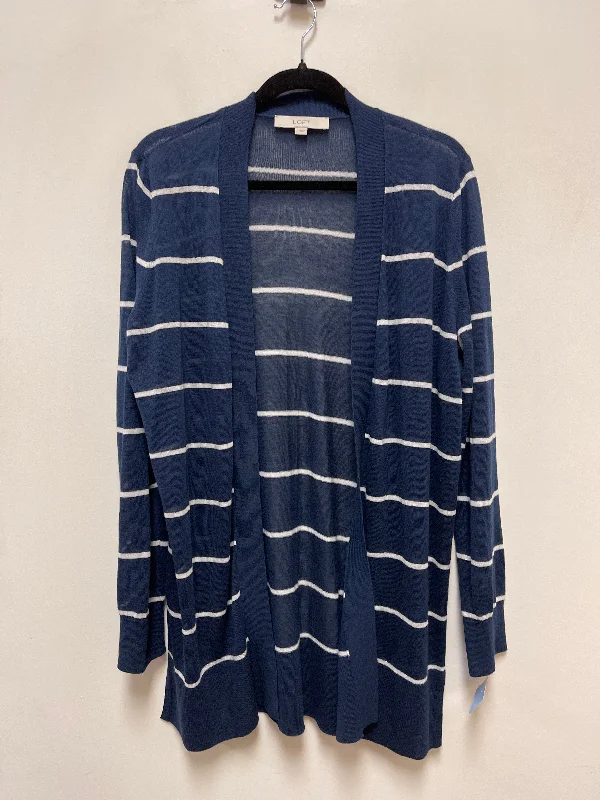 Sweater Cardigan By Loft In Blue & White, Size: L