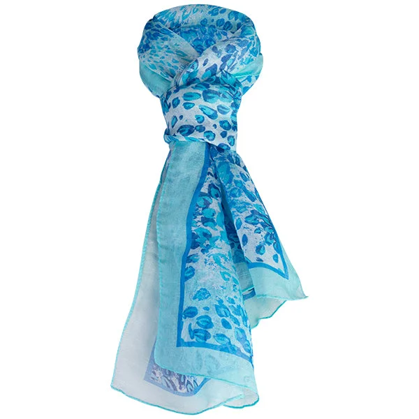 Printed Modal Linen Silk Scarf in Turquoise Florettes