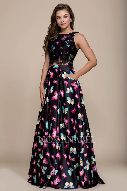 Long Butterfly Print Two Piece Prom Dress Black