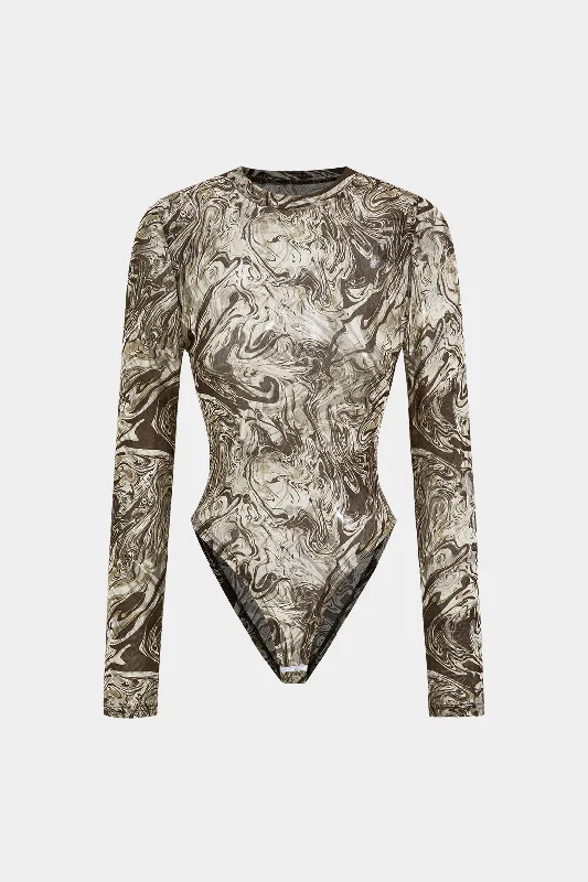 Abstract Print Mesh Round Neck Long Sleeve Bodysuit