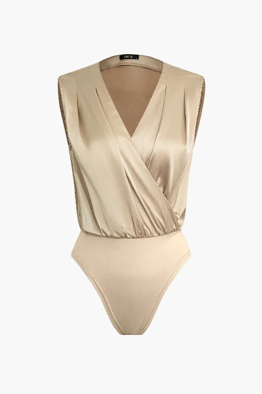 Satin V-neck Ruched Panelled Sleeveless Bodysuit