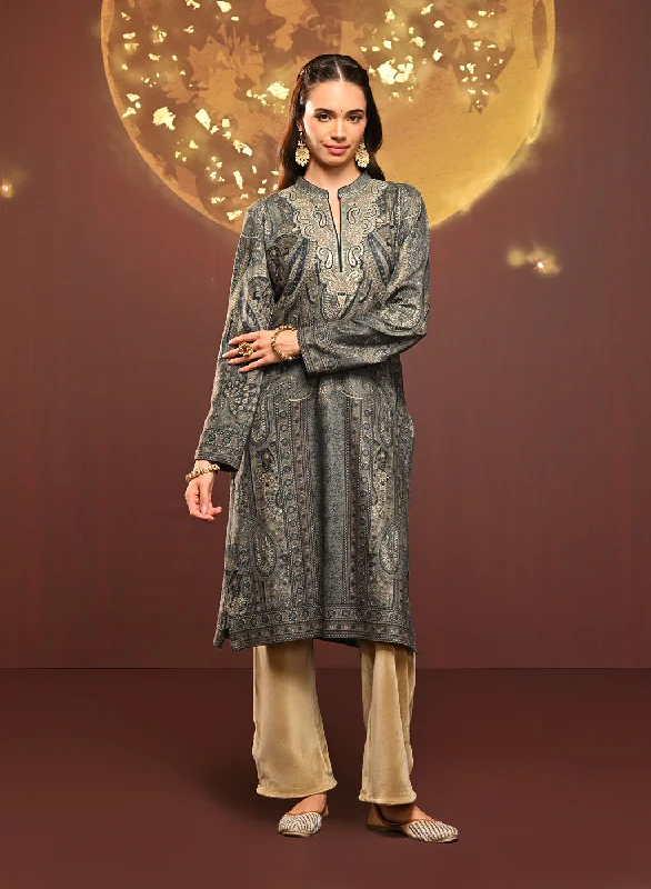 Aisha Bottle Green Printed Brushed Fleece Long Kurta for Women