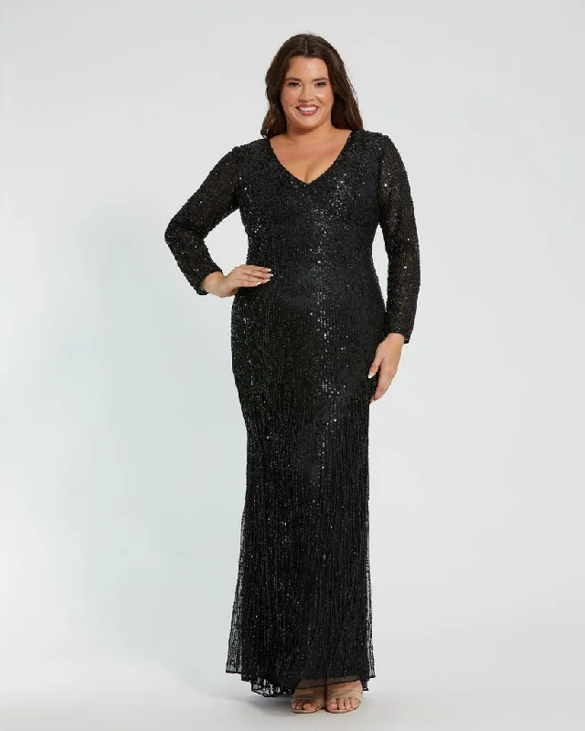 Mac Duggal 5947 Long Sleeve Beaded Fringe Plus Size Formal Dress