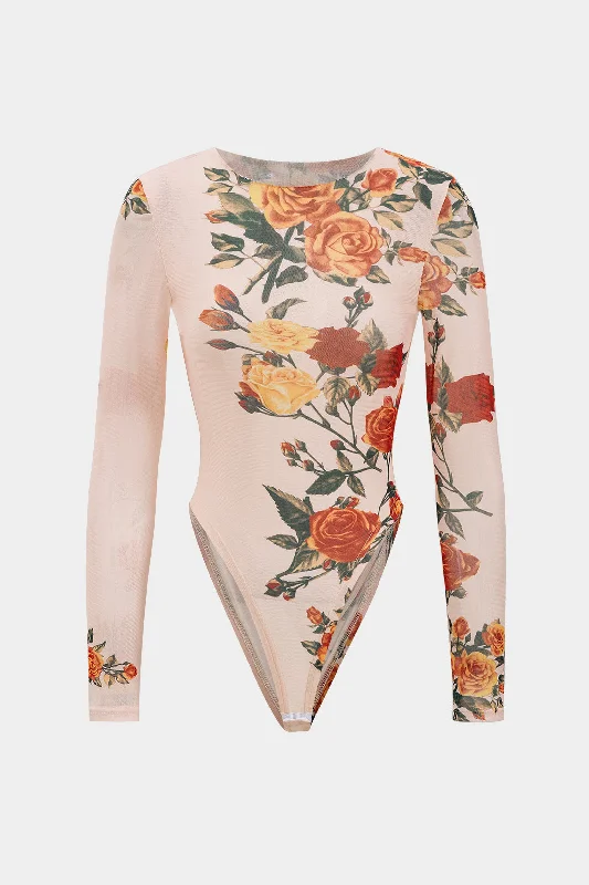 Floral Print Mesh Long Sleeve Bodysuit