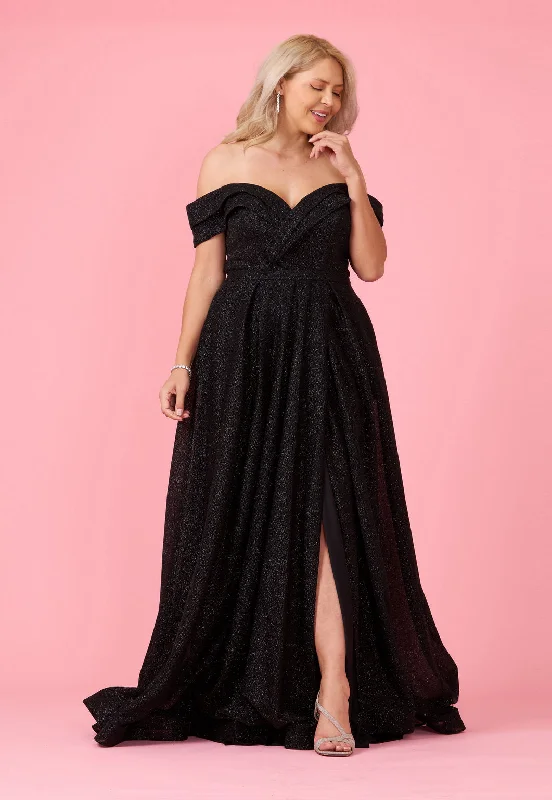 Long Off Shoulder Glitter Prom Dress Black