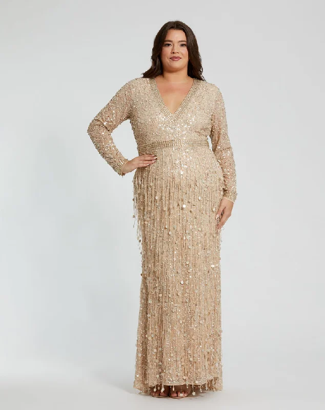 Mac Duggal 94074 Plus Size Fringe Long Sleeve Formal Dress