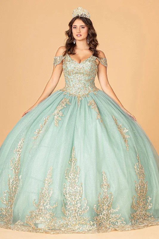 Long Off Shoulder Quinceanera Mesh Ball Gown