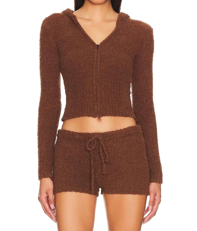 Harlow Fuzzie Zip Up Hoodie In Chocolate Lily