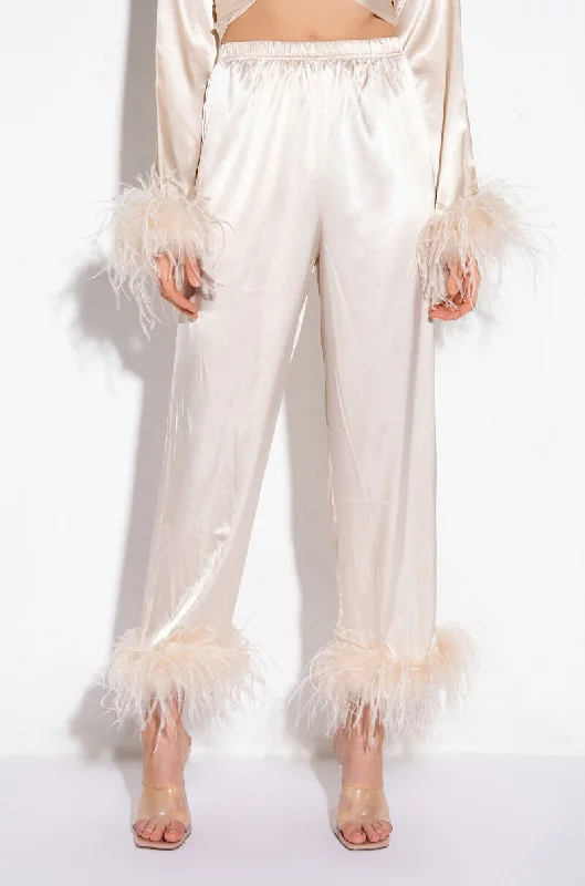 HIDDEN AGENDA FEATHER DETAIL CROPPED SATIN PANTS