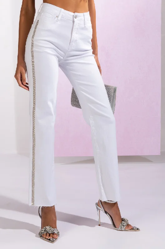 MOONWALKER RHINESTONE HIGH RISE SIDE SLIT STRAIGHT LEG JEANS