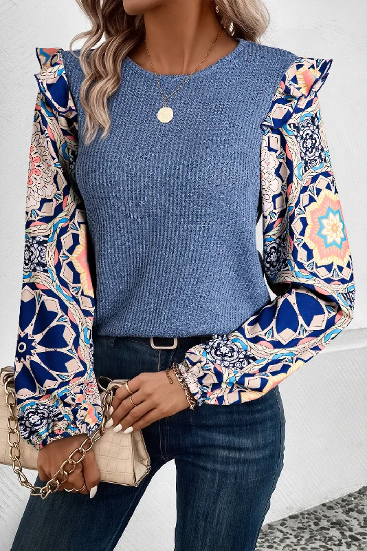 Ruffled Floral Sleeve Patchwork Waffle Knit O Neck Blouse